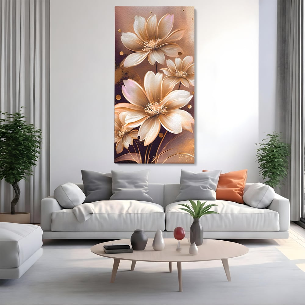 Tablou canvas cu tablou canvas cu flori aurii pe fond maro, fara rama, pe sasiu de lemn, pe perete intr-un living
